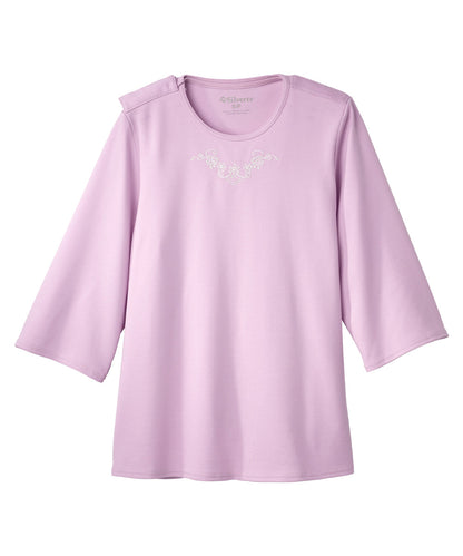 Women's Open Back 3/4 Length Sleeve Top with Embroidery