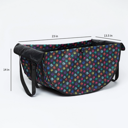 A car seat organizer bag shown on a light gray studio background with overlaid dimension lines and labels indicating 23 in width, 13.5 in width, and 14 in height.