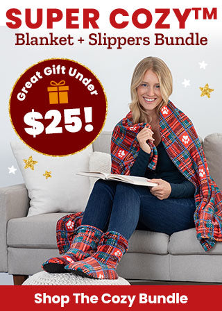 Stay warm with the Super Cozy™ Blanket + Slippers Bundle for a great gift under $25! Shop the cozy bundle today to support shelter pets and more through The Animal Rescue Site and GreaterGood.