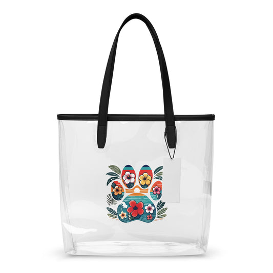 Hawaiian paw print design on a clear tote bag with black handles with a white background.
