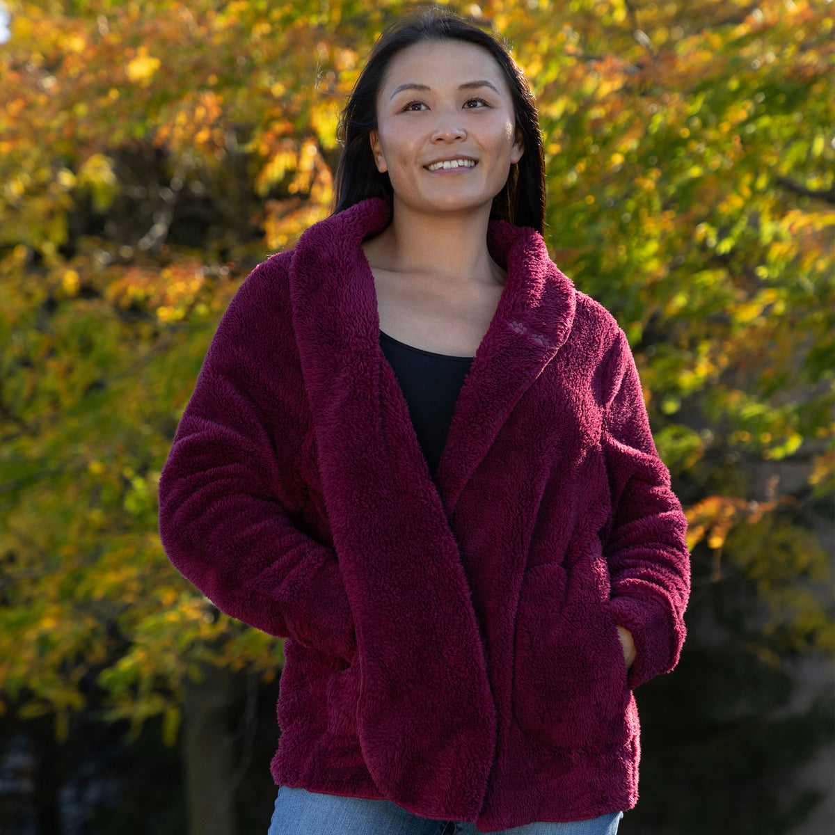 Paw Print Plush Sherpa Fleece Open Jacket with Pockets