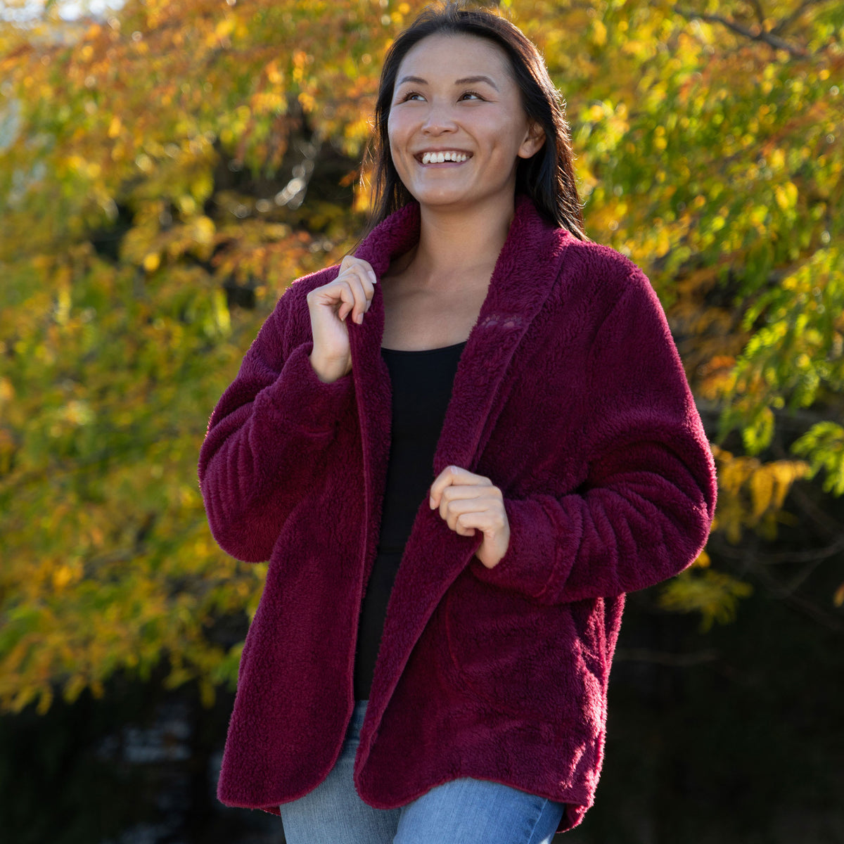 Paw Print Plush Sherpa Fleece Open Jacket with Pockets