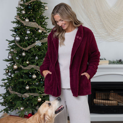 Paw Print Plush Sherpa Fleece Open Jacket with Pockets