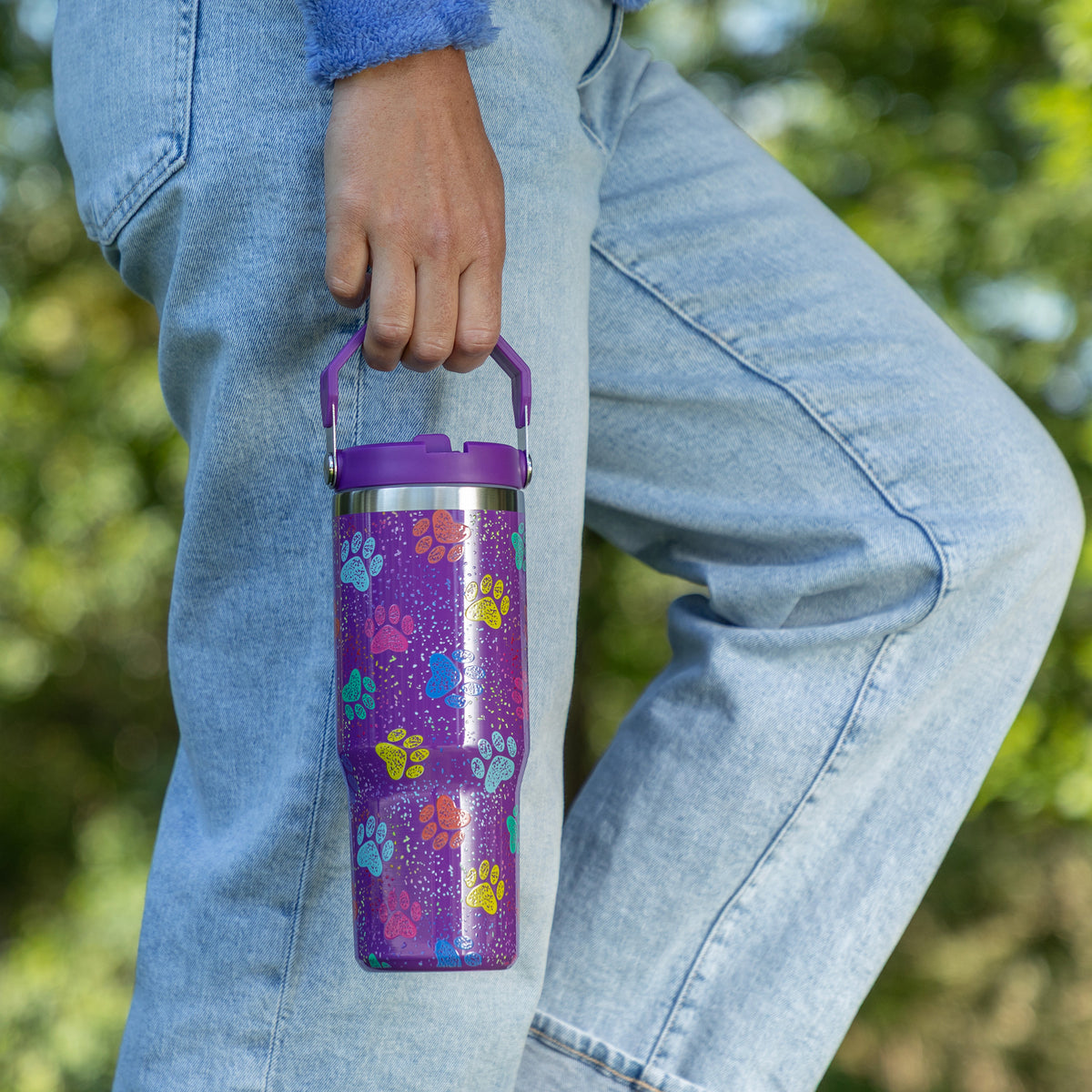 Paw Print Stainless Steel Tumbler with Flip Straw - 30 oz