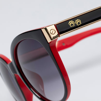 Sunglasses with red frame and gold accents on a light gray background