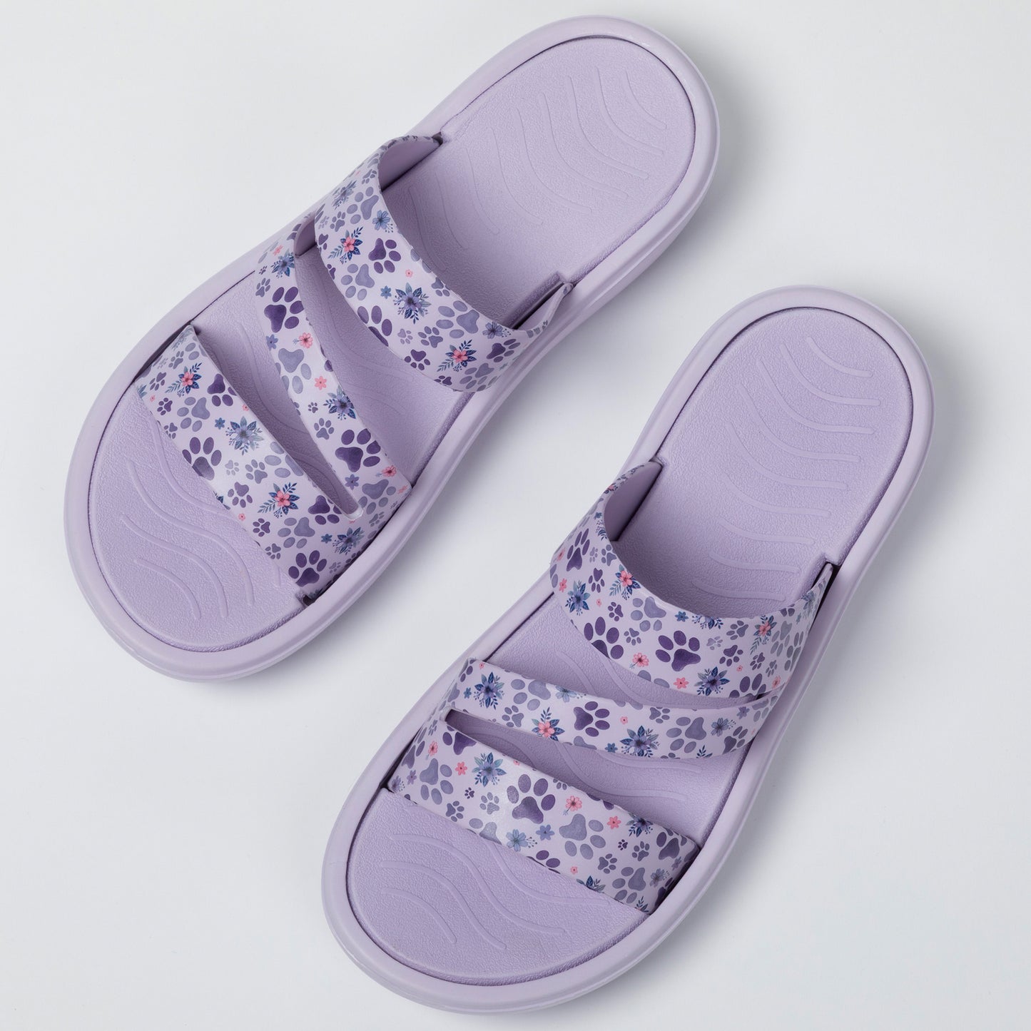 Paw Print Triple Strap Slide Sandals | Lightweight EVA Comfort Slides with Platform Sole