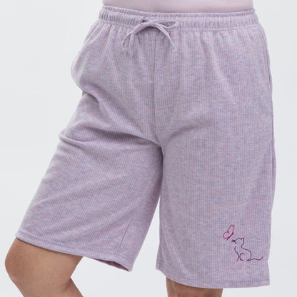 Light purple ribbed shorts with a small embroidered design on a plain white background.