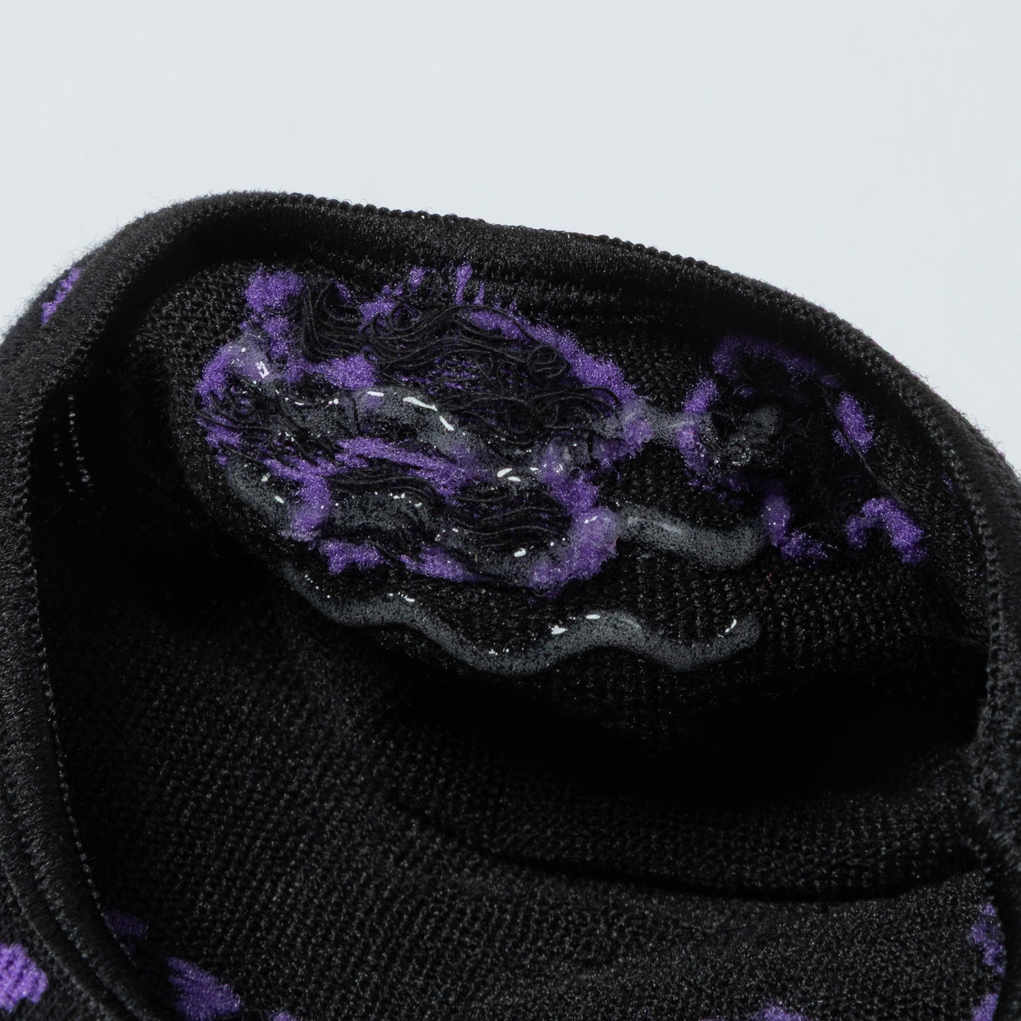 Rubber grips in the inside heel of a pair of black no-show socks