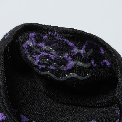 Rubber grips in the inside heel of a pair of black no-show socks