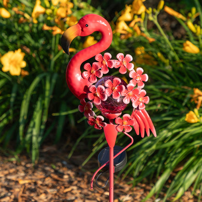 Lighted Solar Flamingo Garden Stake | Metal Flower Outdoor Decoration