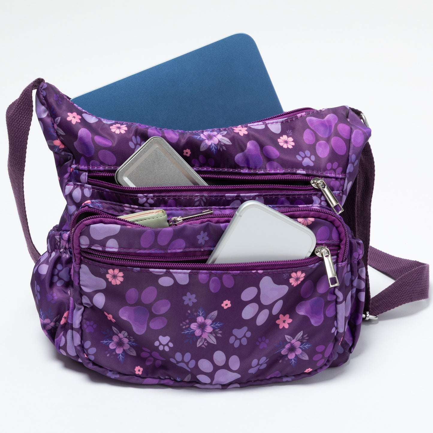 Paw Print Nylon Crossbody Purse | Adjustable Strap with Zip Pockets