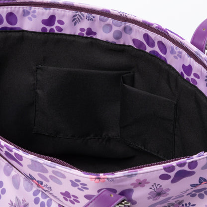 Purple floral-patterned bag with a black interior pocket