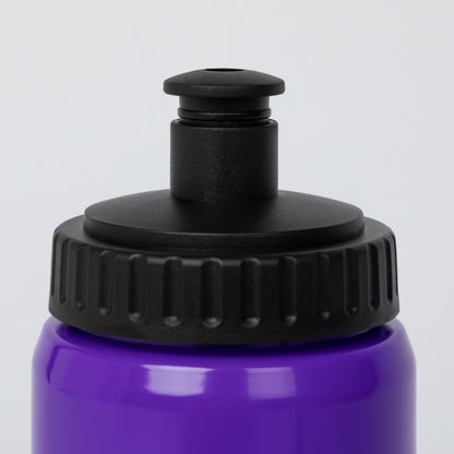 Close-up of a purple water bottle with a matte black screw-on cap and flip-top spout, shown against a light gray background.