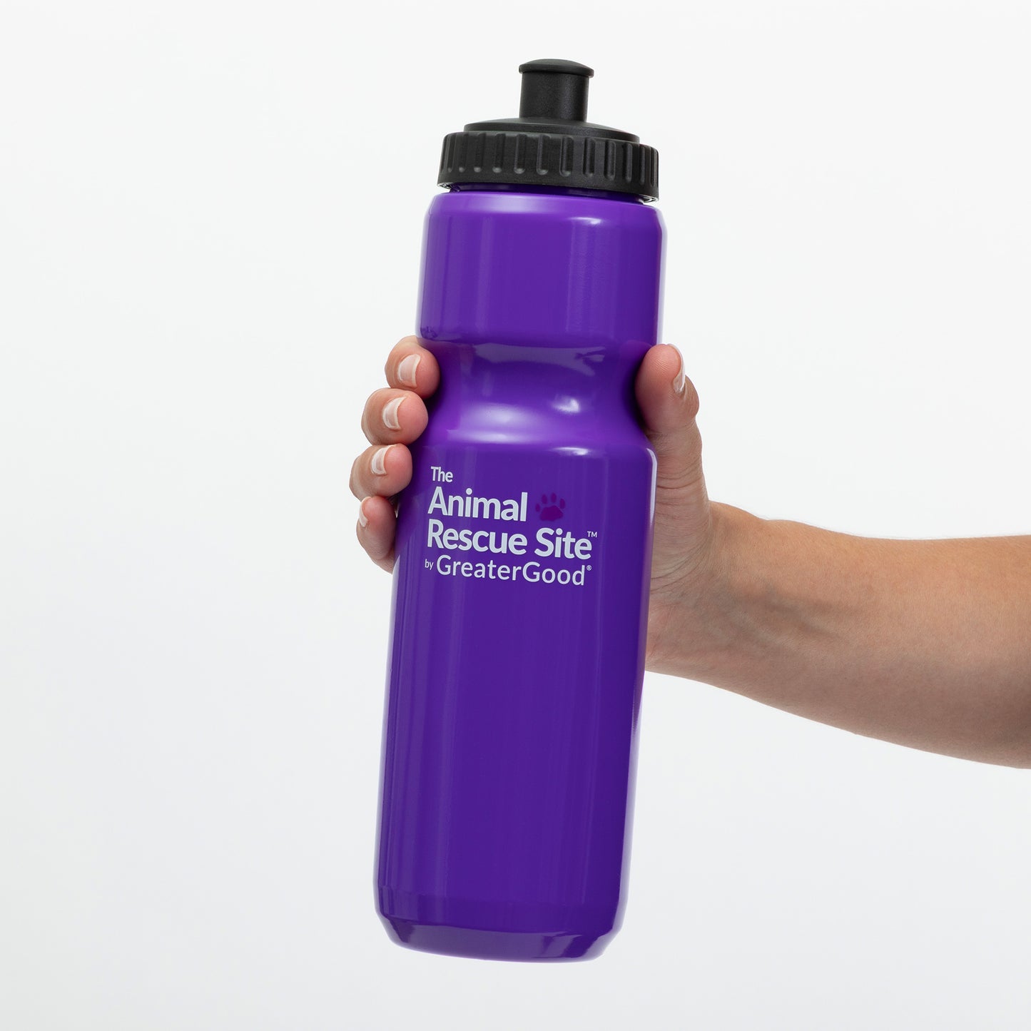 Purple water bottle held in a hand, featuring the Animal Rescue Site logo.