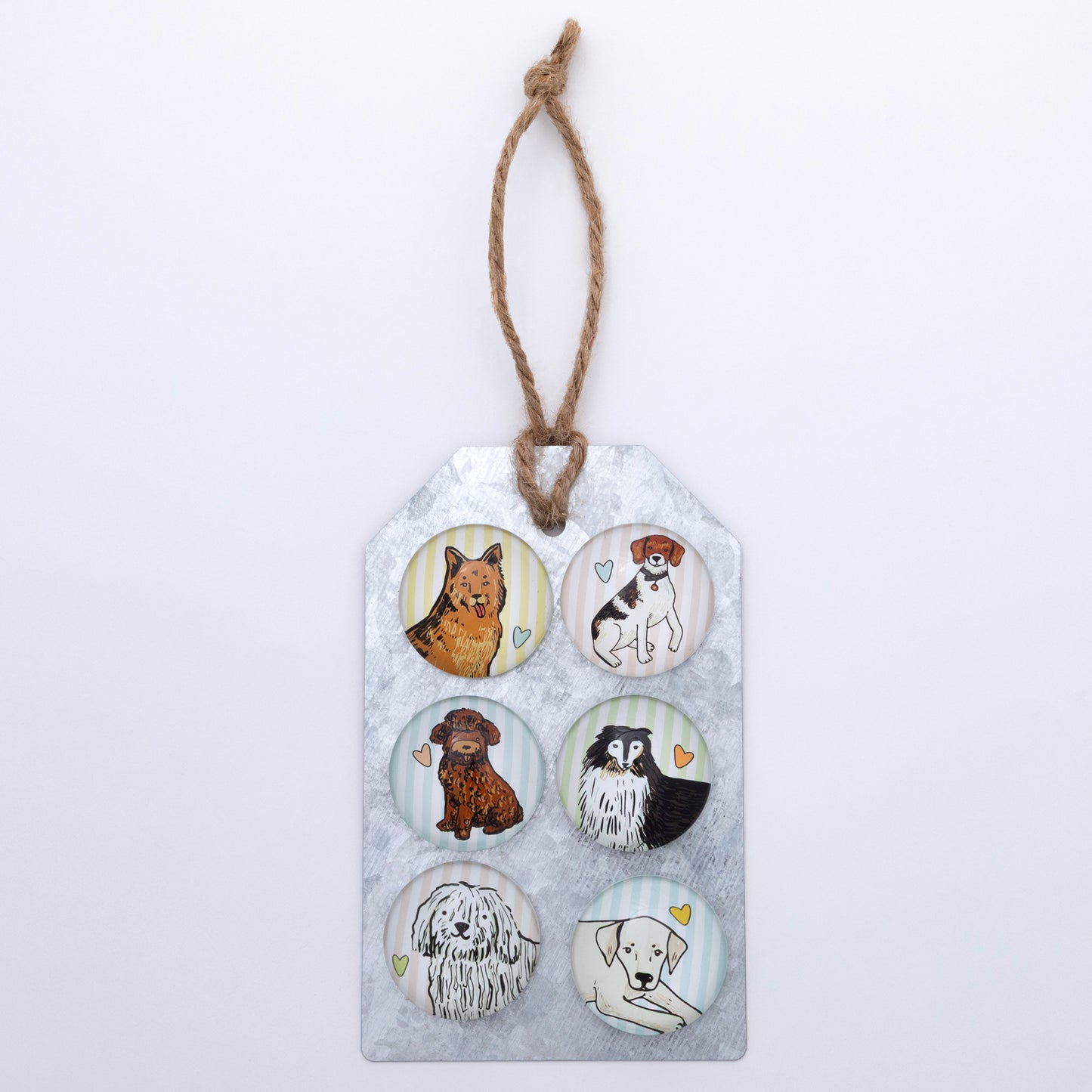 Set of six dog-themed magnets on a hanging metal plate with a white background