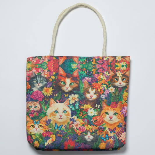 Tote bag with colorful cat and floral pattern on a white background
