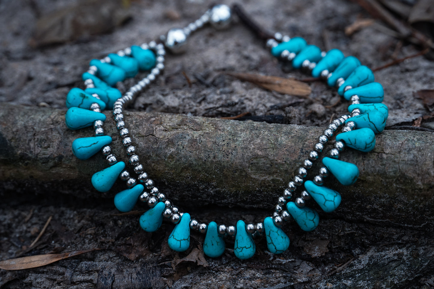 Turquoise Teardrop Bead Boho Silver Anklet