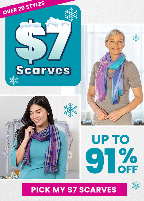 $7 Scarves promotion from The Animal Rescue Site and GreaterGood, featuring colorful lightweight scarves in purple and teal patterns, worn casually, with over 20 styles available and deep discounts.