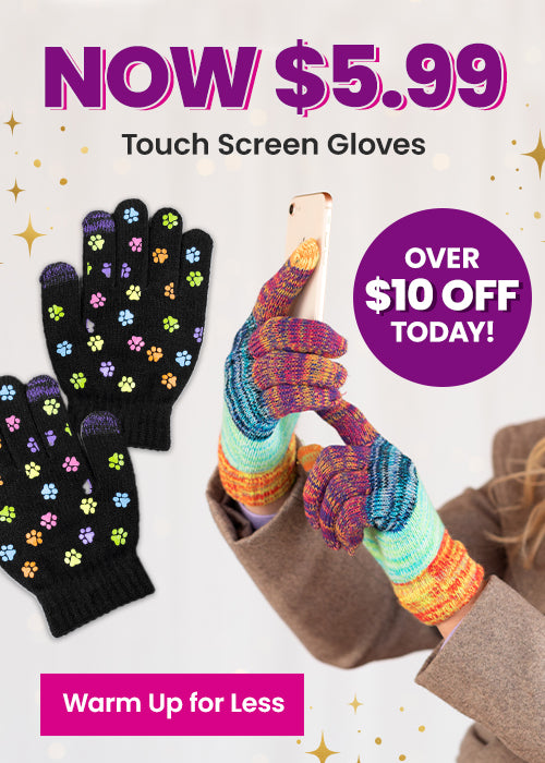 $5.99 Touch Screen Gloves promotion from The Animal Rescue Site and GreaterGood, featuring black paw-print gloves and rainbow knit gloves, warm winter accessories supporting charitable programs.