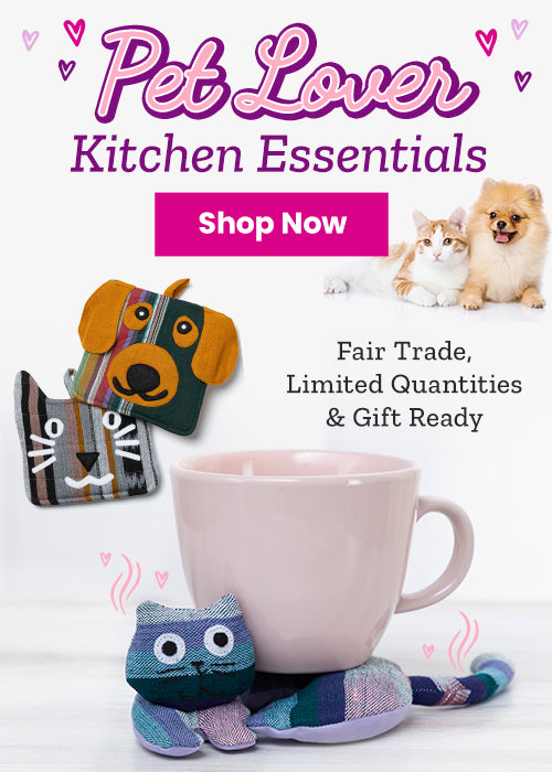 Pet Lover Kitchen Essentials donation from The Animal Rescue Site and GreaterGood, featuring ceramic mug and fabric cat coaster, supporting animal aid through meaningful giving.