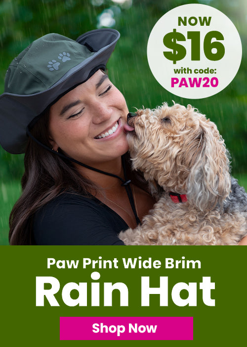 Woman wearing paw print rain hat with a dog, smiling in the rain.