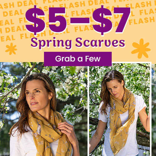 $5–$7 Spring Scarves Flash Deal from The Animal Rescue Site and GreaterGood; proceeds help support shelter pets and more, featuring mustard yellow floral print lightweight scarves styled outdoors.
