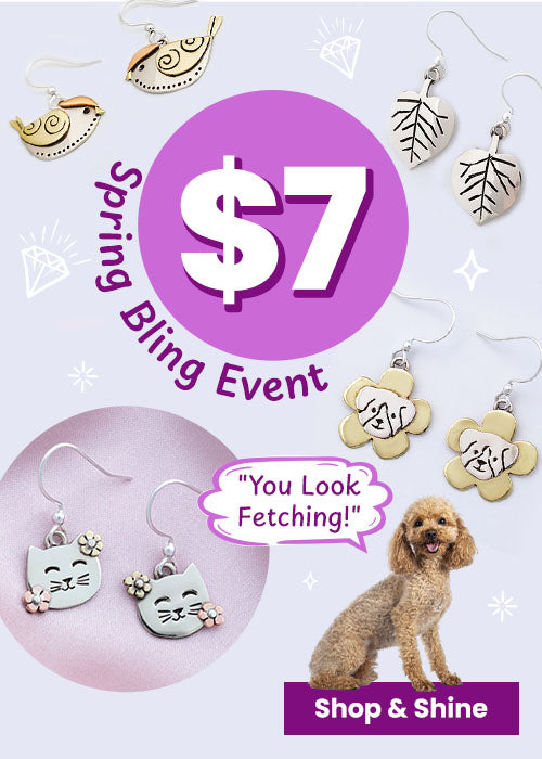 $7 Spring Bling Event by The Animal Rescue Site and GreaterGood; proceeds help support shelter pets and more, featuring gold bird earrings, silver leaf drop earrings, and flower-shaped dog charm earrings.
