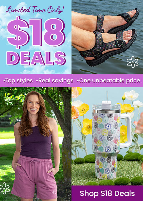 $18 Deals promotion from The Animal Rescue Site and GreaterGood. Proceeds help support shelter pets and more. Black floral sport sandals, mauve casual shorts with paw print, and patterned insulated travel tumbler.