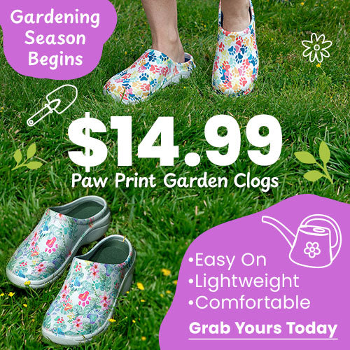 Paw Print Garden Clogs $14.99 promotion, The Animal Rescue Site and GreaterGood; proceeds help support shelter pets and more; lightweight slip-on clogs, pastel floral print, multicolor paw pattern garden shoes