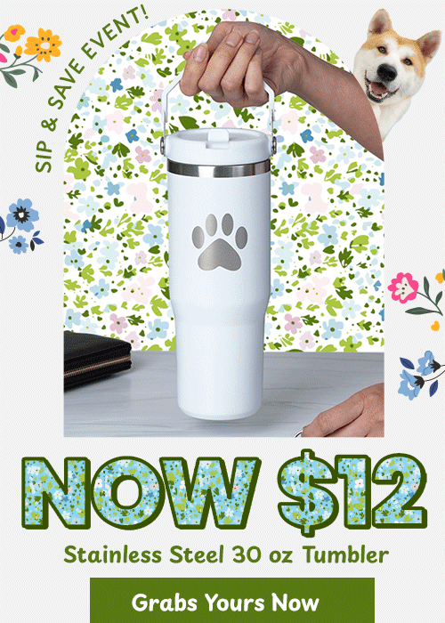 $12 Stainless Steel 30 oz Tumbler promotion from The Animal Rescue Site and GreaterGood. Proceeds help support shelter pets and more. Purple paw print tumbler, teal insulated cup, floral pattern backgrounds.