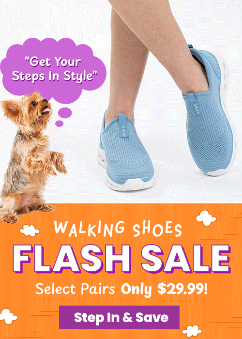 Walking Shoes Flash Sale promotion from The Animal Rescue Site and GreaterGood. Proceeds help support shelter pets and more. White slip-on walking shoes, black cushioned soles, lightweight casual comfort footwear.