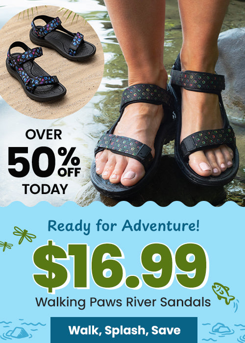 Walking Paws River Sandals $16.99 promotion from The Animal Rescue Site and GreaterGood. Proceeds help support shelter pets and more. Black patterned sport sandals, adjustable straps, lightweight water-friendly summer footwear.