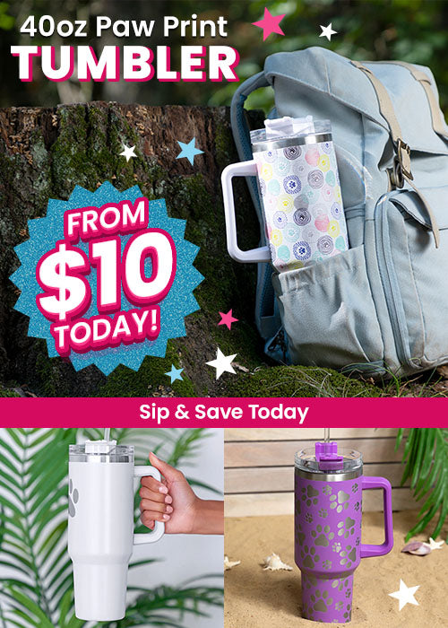 40oz Paw Print Tumbler promotion from The Animal Rescue Site and GreaterGood. Proceeds help support shelter pets and more. Pastel paw print tumbler, insulated handled cup, travel-friendly drinkware accessory.