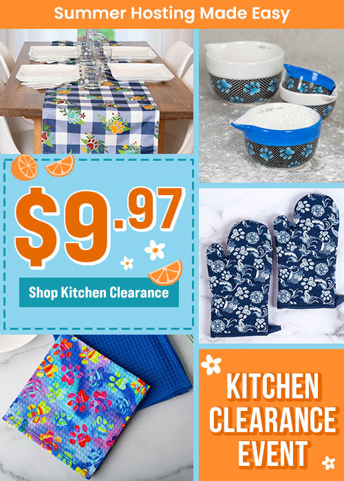 $9.97 Kitchen Clearance promotion from The Animal Rescue Site and GreaterGood. Proceeds help support shelter pets and more. Blue plaid floral table runner, paw-print mixing bowls, navy patterned oven mitts.