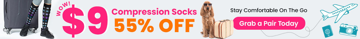 $9 compression socks sale by The Animal Rescue Site and GreaterGood. Proceeds help support shelter pets. Featured are black, knee-high compression socks with a colorful, patterned paw print design