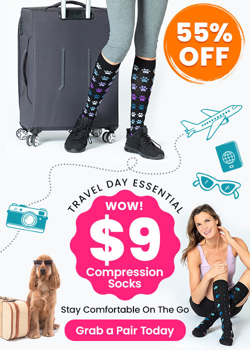 $9 compression socks sale by The Animal Rescue Site and GreaterGood. Proceeds help support shelter pets. Featured are black, knee-high compression socks with a colorful, patterned paw print design