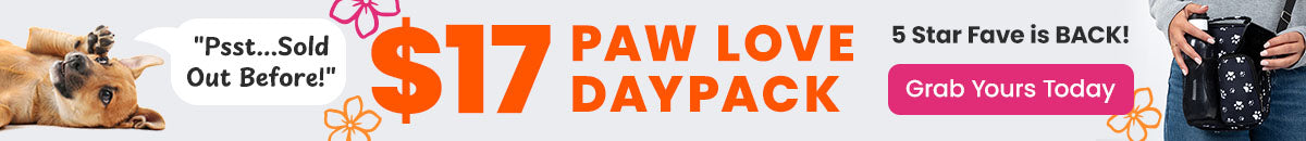 The Paw Love Daypack is back at The Animal Rescue Site and GreaterGood. Proceeds help support shelter pets. Featured is a black, crossbody daypack with a white paw print pattern.
