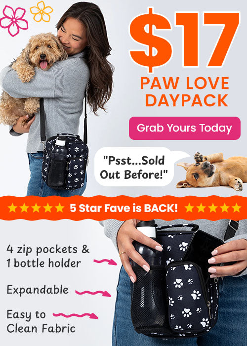 The Paw Love Daypack is back at The Animal Rescue Site and GreaterGood. Proceeds help support shelter pets. Featured is a black, crossbody daypack with a white paw print pattern.