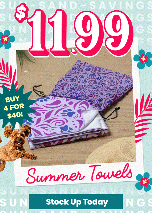 Summer Towels promotion by The Animal Rescue Site and GreaterGood. Proceeds help support shelter pets. Featured are purple and black towels with a colorful paw print pattern.