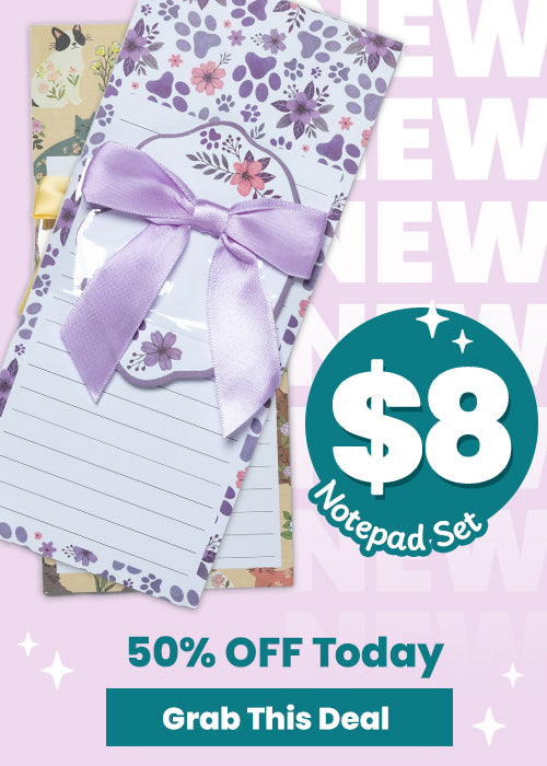 Alt Text:
$8 Notepad Set: Purple floral paw print notepad with ribbon, and cat pattern notepad. By The Animal Rescue Site and GreaterGood. Proceeds help support shelter pets and more.