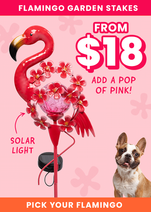 Flamingo Garden Stakes from $18: Pink flamingo solar light with floral details. By The Animal Rescue Site and GreaterGood. Proceeds help support shelter pets and more.