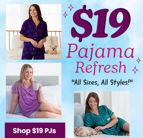 Shop $19 Pajama Refresh featuring "All Sizes, All Styles!" in comfortable sleepwear with cat and paw patterns. Proceeds help support shelter pets and more through The Animal Rescue Site and GreaterGood.