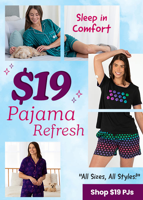 Shop $19 Pajama Refresh featuring "All Sizes, All Styles!" in comfortable sleepwear with cat and paw patterns. Proceeds help support shelter pets and more through The Animal Rescue Site and GreaterGood.