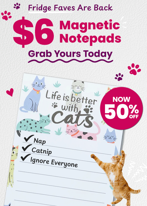 Shop $6 Magnetic Notepads for 50% off featuring cute dog designs and lists like "Treats, More Treats, Even More Treats." Proceeds help support shelter pets and more through The Animal Rescue Site and GreaterGood.