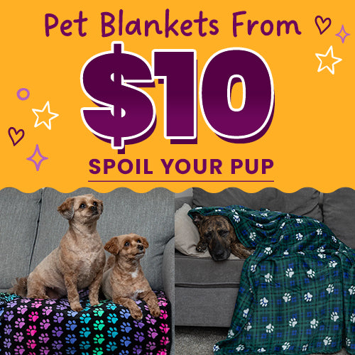 Spoil your pup with cozy pet blankets starting from $10, featuring colorful paw print patterns. Proceeds help support shelter pets and more through The Animal Rescue Site and GreaterGood.