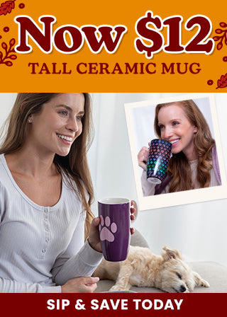 Shop for tall ceramic mugs now priced at $12 to sip and save today, featuring fun paw print and cat designs. Proceeds help support shelter pets and more through The Animal Rescue Site and GreaterGood.
