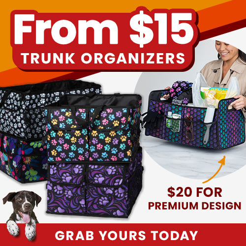Shop trunk organizers starting from $15 (with premium designs available for $20) featuring colorful paw print patterns and handy storage pockets. Proceeds help support shelter pets and more through The Animal Rescue Site and GreaterGood.