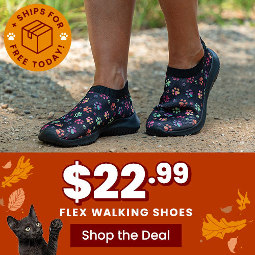 Step into comfort with the Flex Walking Shoes for $22.99, featuring a colorful paw print pattern and free shipping today. Every purchase helps support shelter pets and more through The Animal Rescue Site and GreaterGood.