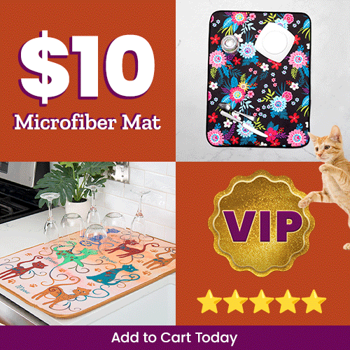 $10 Microfiber Mat promotion from The Animal Rescue Site and GreaterGood featuring black floral and orange cat designs. Soft, absorbent kitchen mats. Proceeds help support shelter pets and more.