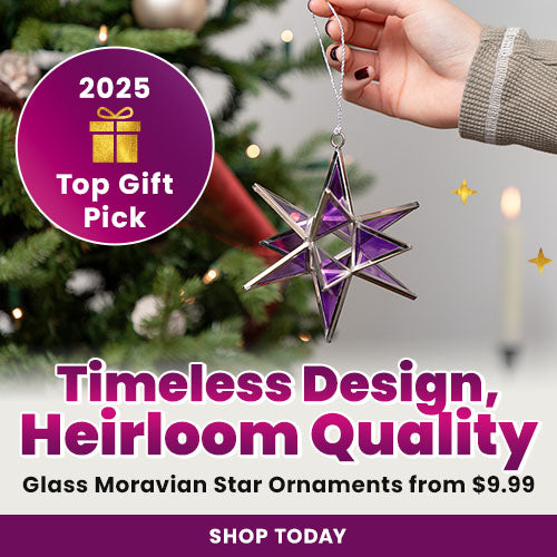 Glass Moravian Star Ornaments from The Animal Rescue Site and GreaterGood featuring purple and silver geometric glass design. Proceeds help support shelter pets and more.